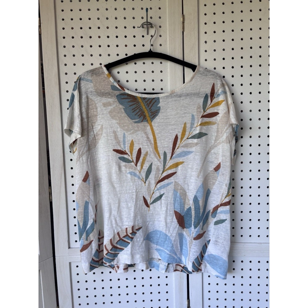 Cynthia Rowley 100% Linen Tee Button Back Floral Beige Brown Teal Women's M